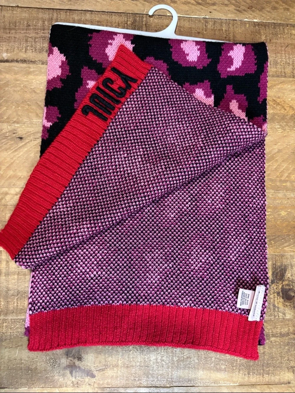Juicy Couture Black & Pink Leopard Knit Scarf with Red Trim NWOT